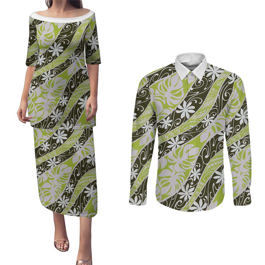 Olive Tahiti Tiare Monstera Couples Matching Puletasi and Long Sleeve Button Shirt Polynesian Pattern Curve Style - Polynesian Pride