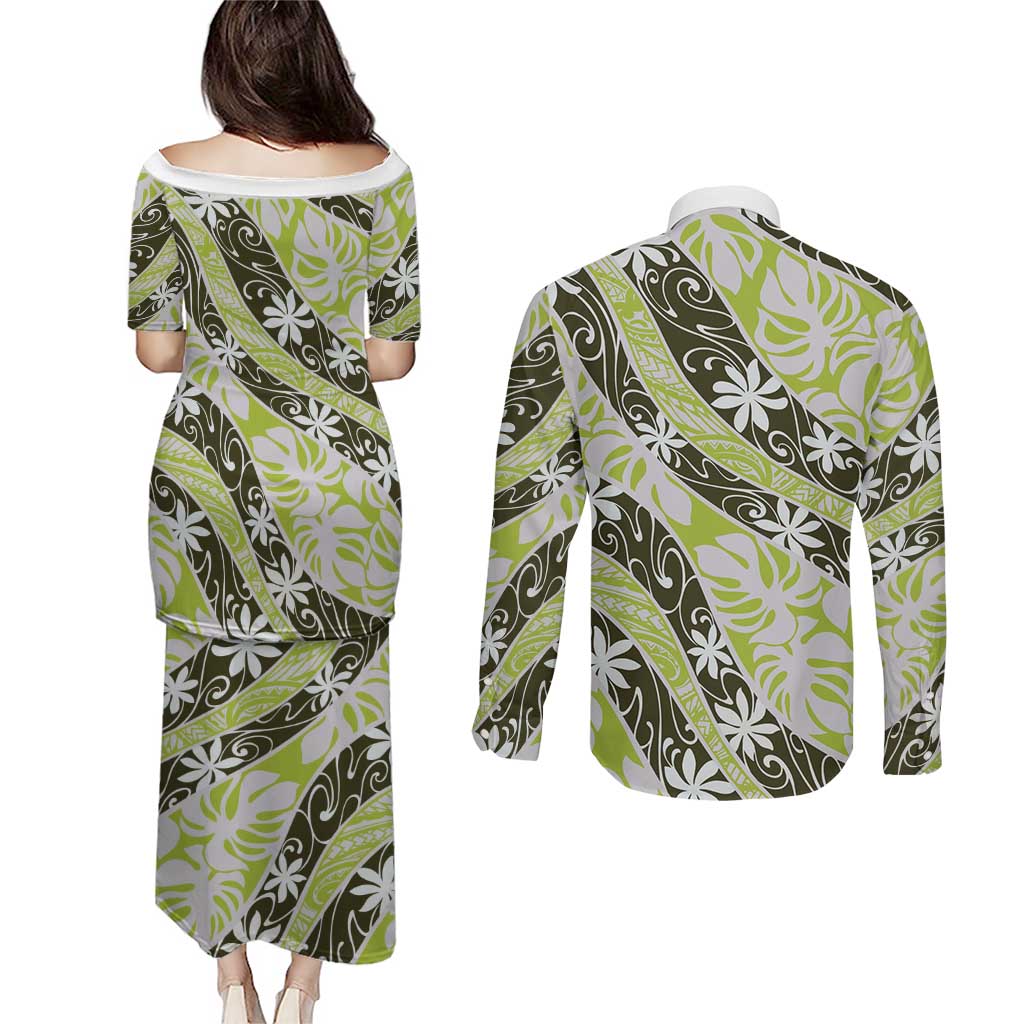 Olive Tahiti Tiare Monstera Couples Matching Puletasi and Long Sleeve Button Shirt Polynesian Pattern Curve Style LT01 - Polynesian Pride