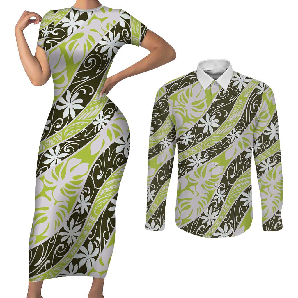 Olive Tahiti Tiare Monstera Couples Matching Short Sleeve Bodycon Dress and Long Sleeve Button Shirt Polynesian Pattern Curve Style - Polynesian Pride