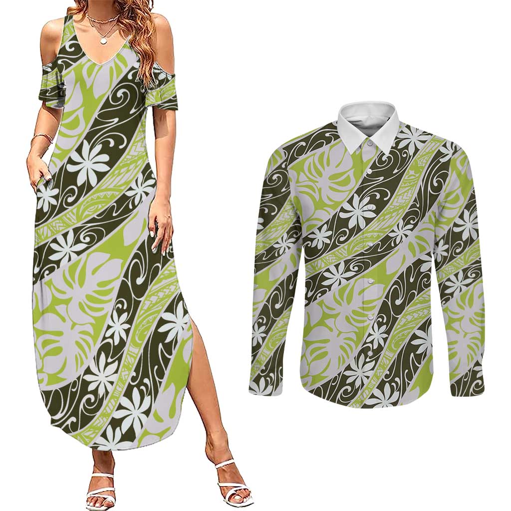 Olive Tahiti Tiare Monstera Couples Matching Summer Maxi Dress and Long Sleeve Button Shirt Polynesian Pattern Curve Style - Polynesian Pride