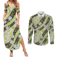 Olive Tahiti Tiare Monstera Couples Matching Summer Maxi Dress and Long Sleeve Button Shirt Polynesian Pattern Curve Style - Polynesian Pride
