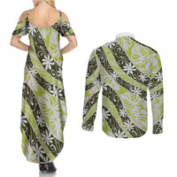 Olive Tahiti Tiare Monstera Couples Matching Summer Maxi Dress and Long Sleeve Button Shirt Polynesian Pattern Curve Style - Polynesian Pride