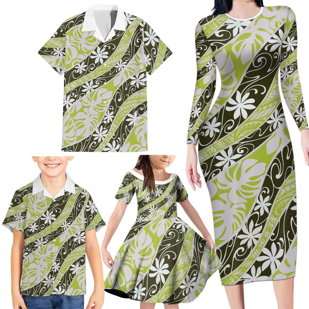 Olive Tahiti Tiare Monstera Family Matching Long Sleeve Bodycon Dress and Hawaiian Shirt Polynesian Pattern Curve Style LT01 - Polynesian Pride