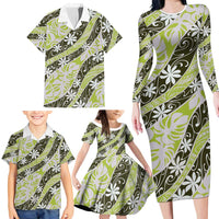 Olive Tahiti Tiare Monstera Family Matching Long Sleeve Bodycon Dress and Hawaiian Shirt Polynesian Pattern Curve Style LT01 - Polynesian Pride