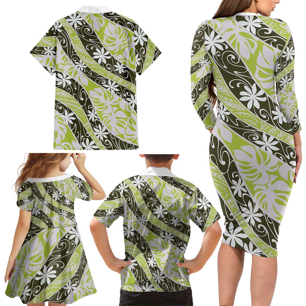 Olive Tahiti Tiare Monstera Family Matching Long Sleeve Bodycon Dress and Hawaiian Shirt Polynesian Pattern Curve Style LT01 - Polynesian Pride
