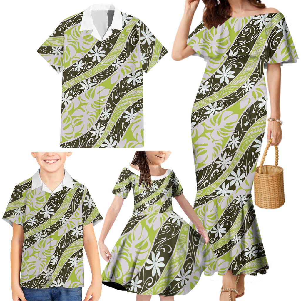 Olive Tahiti Tiare Monstera Family Matching Mermaid Dress and Hawaiian Shirt Polynesian Pattern Curve Style - Polynesian Pride