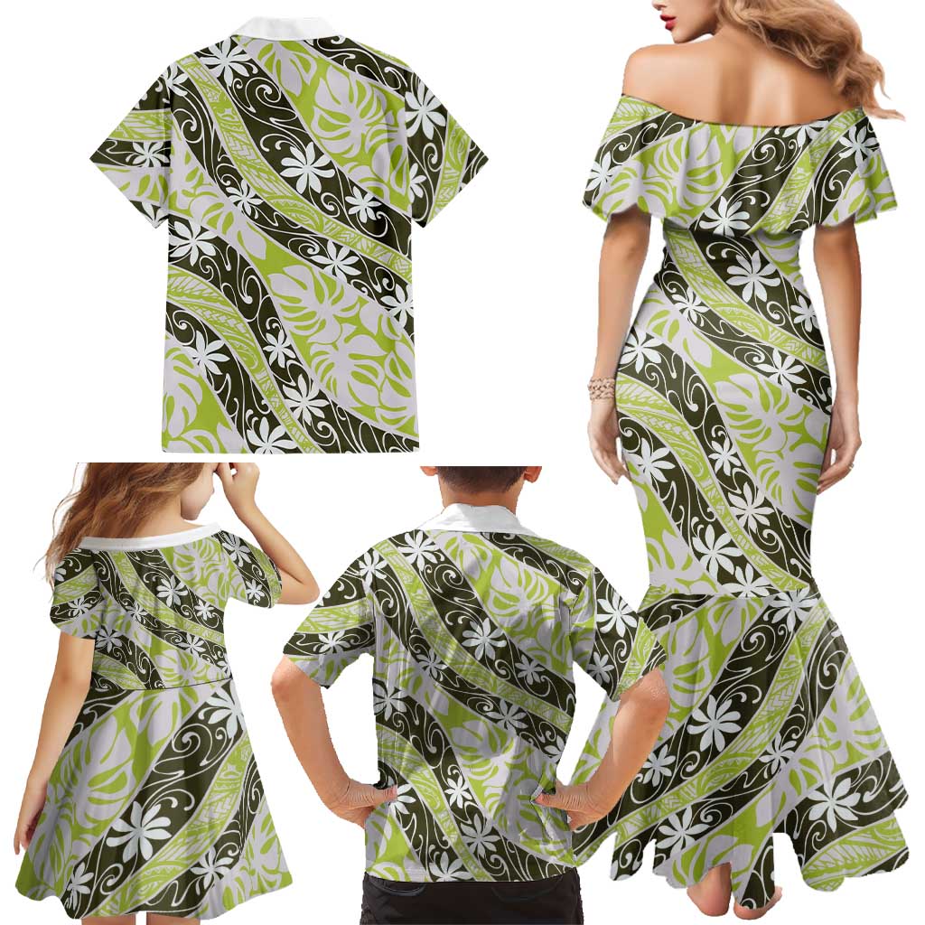 Olive Tahiti Tiare Monstera Family Matching Mermaid Dress and Hawaiian Shirt Polynesian Pattern Curve Style - Polynesian Pride