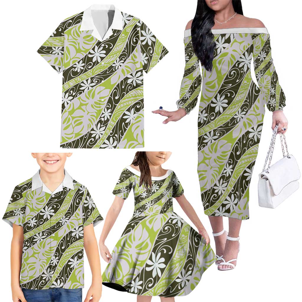 Olive Tahiti Tiare Monstera Family Matching Off The Shoulder Long Sleeve Dress and Hawaiian Shirt Polynesian Pattern Curve Style LT01 - Polynesian Pride