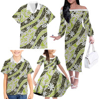Olive Tahiti Tiare Monstera Family Matching Off The Shoulder Long Sleeve Dress and Hawaiian Shirt Polynesian Pattern Curve Style LT01 - Polynesian Pride