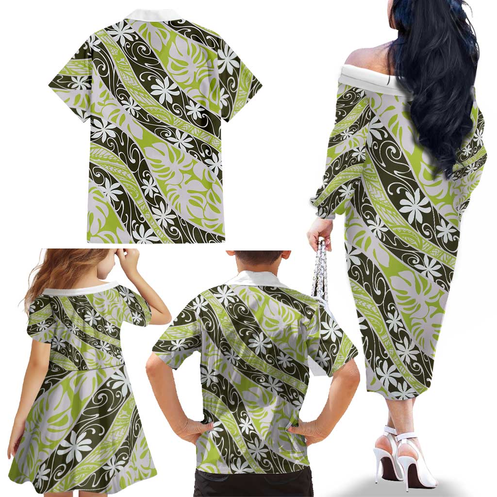 Olive Tahiti Tiare Monstera Family Matching Off The Shoulder Long Sleeve Dress and Hawaiian Shirt Polynesian Pattern Curve Style LT01 - Polynesian Pride