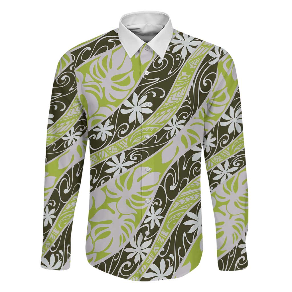 Olive Tahiti Tiare Monstera Family Matching Off The Shoulder Long Sleeve Dress and Hawaiian Shirt Polynesian Pattern Curve Style LT01 Dad's Shirt - Long Sleeve Olive - Polynesian Pride