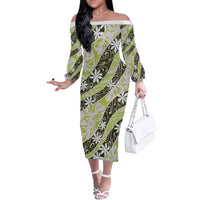 Olive Tahiti Tiare Monstera Family Matching Off The Shoulder Long Sleeve Dress and Hawaiian Shirt Polynesian Pattern Curve Style LT01 Mom's Dress Olive - Polynesian Pride