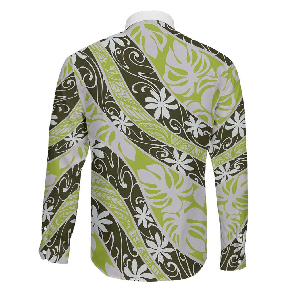 Olive Tahiti Tiare Monstera Family Matching Off Shoulder Maxi Dress and Hawaiian Shirt Polynesian Pattern Curve Style - Polynesian Pride
