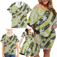 Olive Tahiti Tiare Monstera Family Matching Off Shoulder Short Dress and Hawaiian Shirt Polynesian Pattern Curve Style - Polynesian Pride