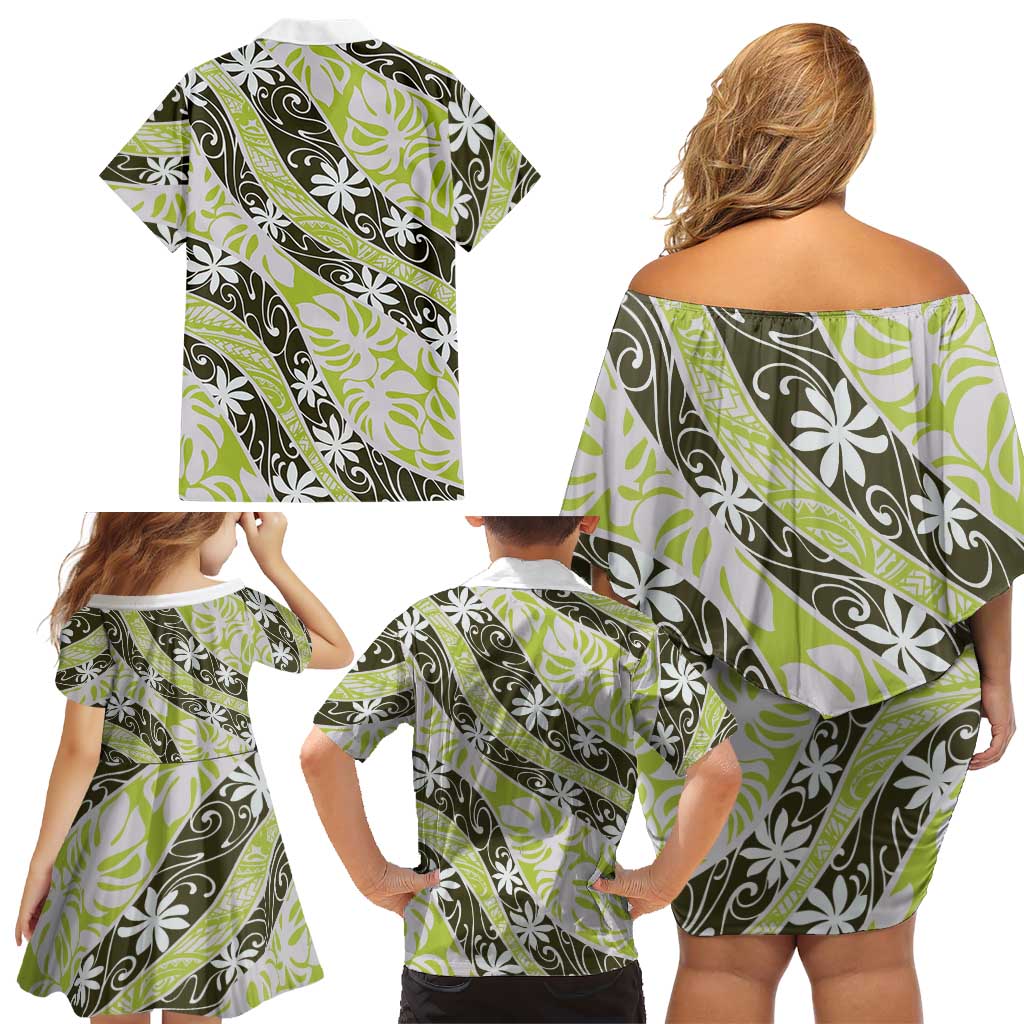 Olive Tahiti Tiare Monstera Family Matching Off Shoulder Short Dress and Hawaiian Shirt Polynesian Pattern Curve Style - Polynesian Pride