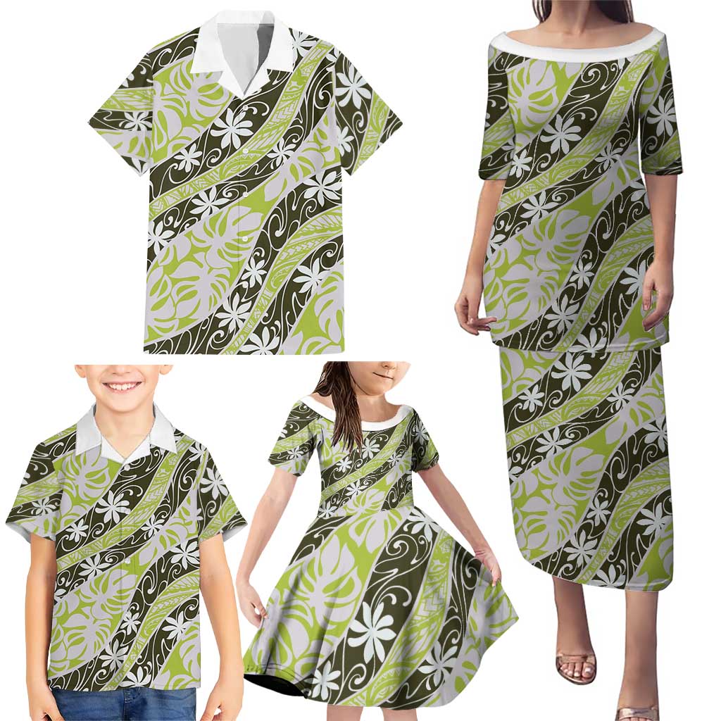 Olive Tahiti Tiare Monstera Family Matching Puletasi and Hawaiian Shirt Polynesian Pattern Curve Style - Polynesian Pride