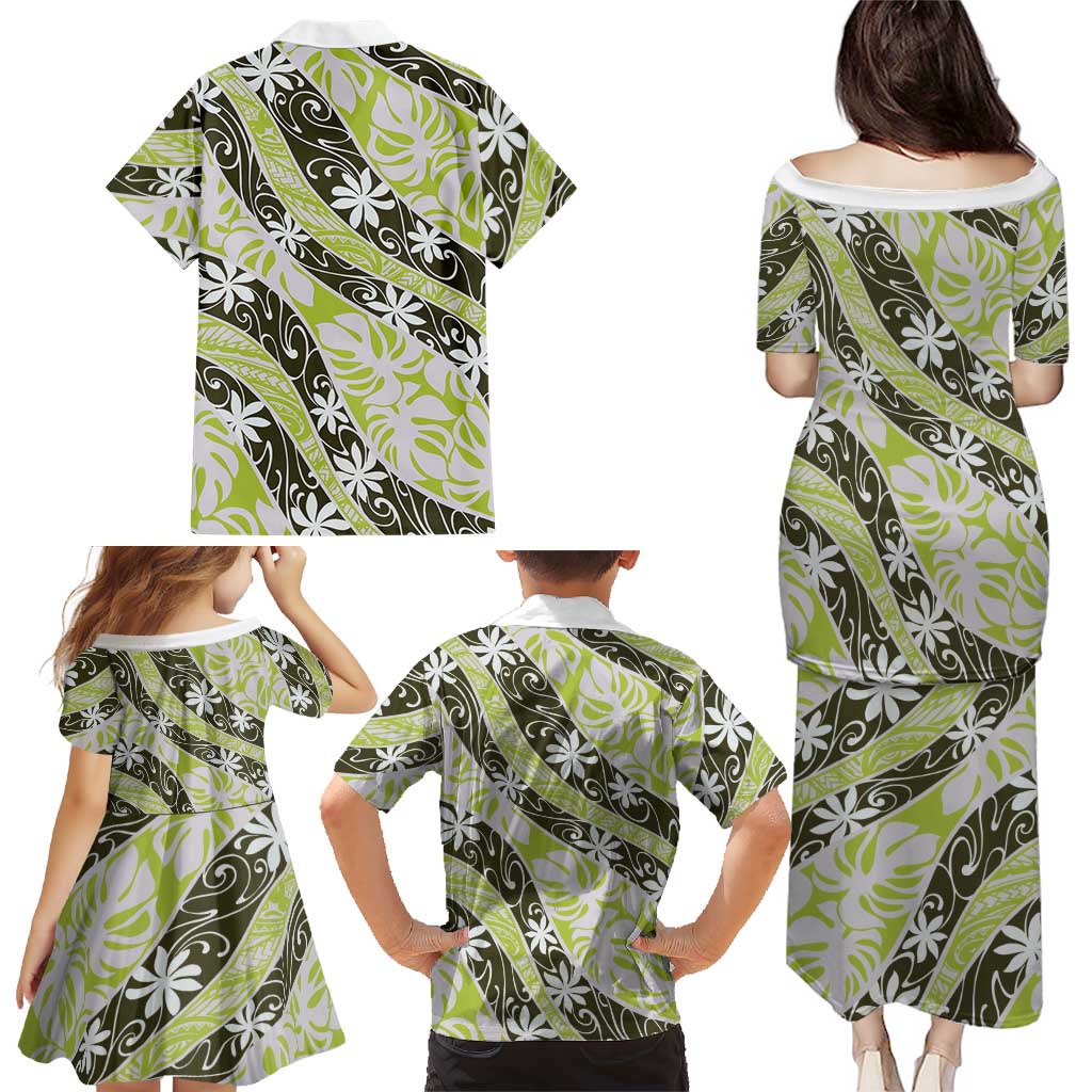 Olive Tahiti Tiare Monstera Family Matching Puletasi and Hawaiian Shirt Polynesian Pattern Curve Style - Polynesian Pride