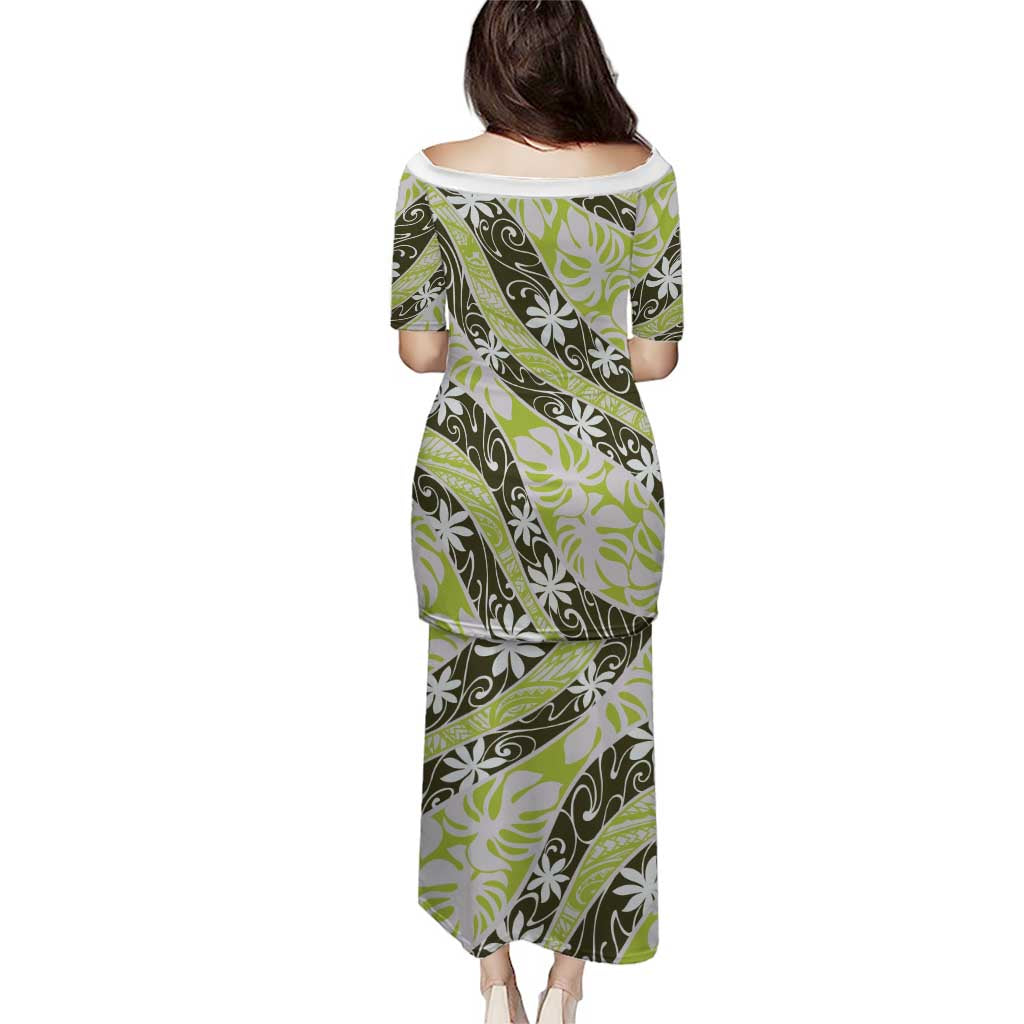Olive Tahiti Tiare Monstera Family Matching Puletasi and Hawaiian Shirt Polynesian Pattern Curve Style - Polynesian Pride