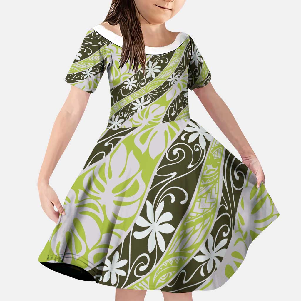 Olive Tahiti Tiare Monstera Family Matching Short Sleeve Bodycon Dress and Hawaiian Shirt Polynesian Pattern Curve Style LT01 Daughter's Dress Olive - Polynesian Pride