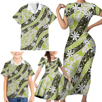 Olive Tahiti Tiare Monstera Family Matching Short Sleeve Bodycon Dress and Hawaiian Shirt Polynesian Pattern Curve Style LT01 - Polynesian Pride