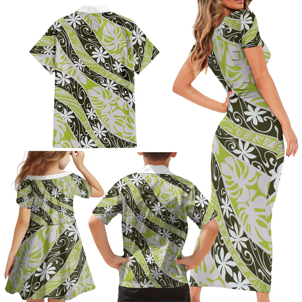Olive Tahiti Tiare Monstera Family Matching Short Sleeve Bodycon Dress and Hawaiian Shirt Polynesian Pattern Curve Style LT01 - Polynesian Pride