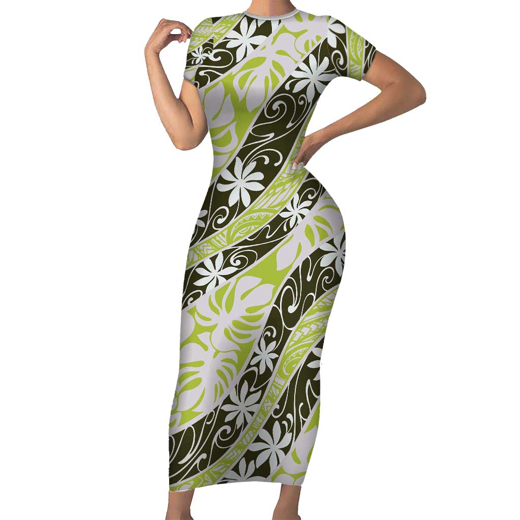 Olive Tahiti Tiare Monstera Family Matching Short Sleeve Bodycon Dress and Hawaiian Shirt Polynesian Pattern Curve Style LT01 Mom's Dress Olive - Polynesian Pride
