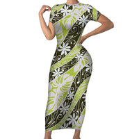 Olive Tahiti Tiare Monstera Family Matching Short Sleeve Bodycon Dress and Hawaiian Shirt Polynesian Pattern Curve Style LT01 Mom's Dress Olive - Polynesian Pride