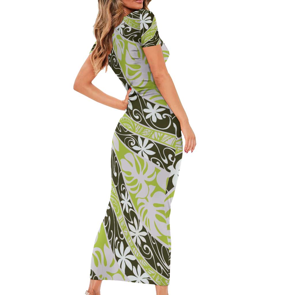Olive Tahiti Tiare Monstera Family Matching Short Sleeve Bodycon Dress and Hawaiian Shirt Polynesian Pattern Curve Style LT01 - Polynesian Pride