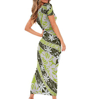 Olive Tahiti Tiare Monstera Family Matching Short Sleeve Bodycon Dress and Hawaiian Shirt Polynesian Pattern Curve Style LT01 - Polynesian Pride