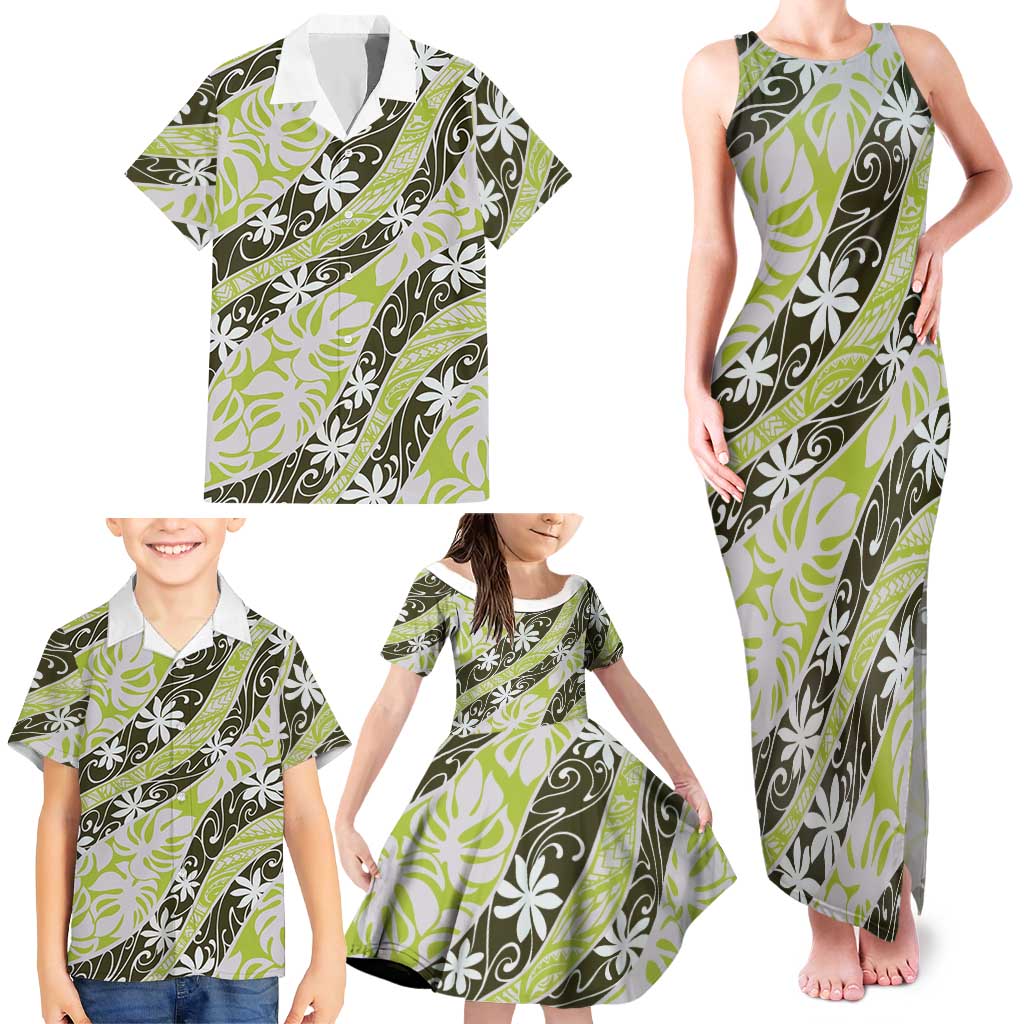 Olive Tahiti Tiare Monstera Family Matching Tank Maxi Dress and Hawaiian Shirt Polynesian Pattern Curve Style - Polynesian Pride