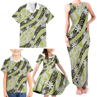 Olive Tahiti Tiare Monstera Family Matching Tank Maxi Dress and Hawaiian Shirt Polynesian Pattern Curve Style - Polynesian Pride