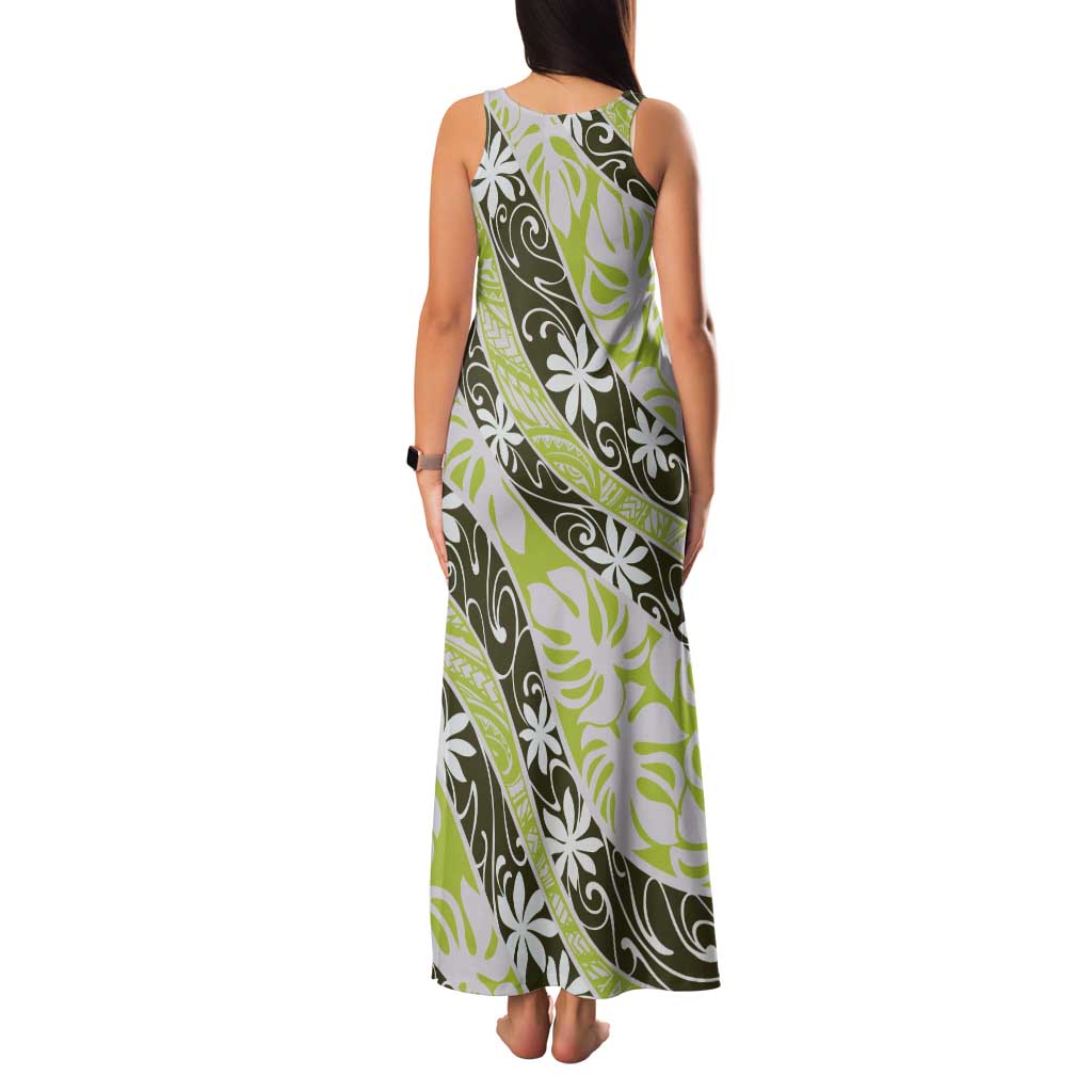 Olive Tahiti Tiare Monstera Family Matching Tank Maxi Dress and Hawaiian Shirt Polynesian Pattern Curve Style - Polynesian Pride