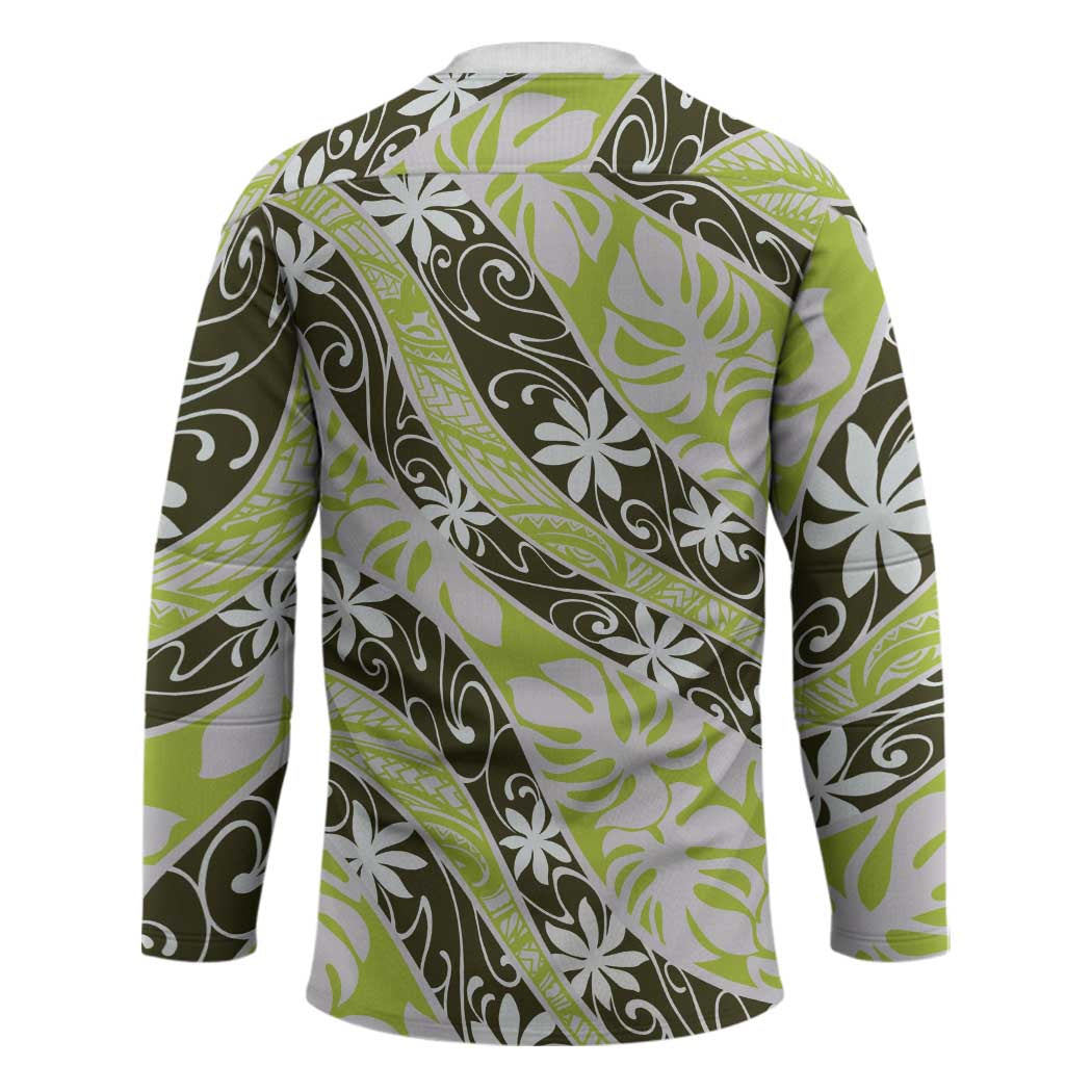 Olive Tahiti Tiare Monstera Hockey Jersey Polynesian Pattern Curve Style LT01 - Polynesian Pride