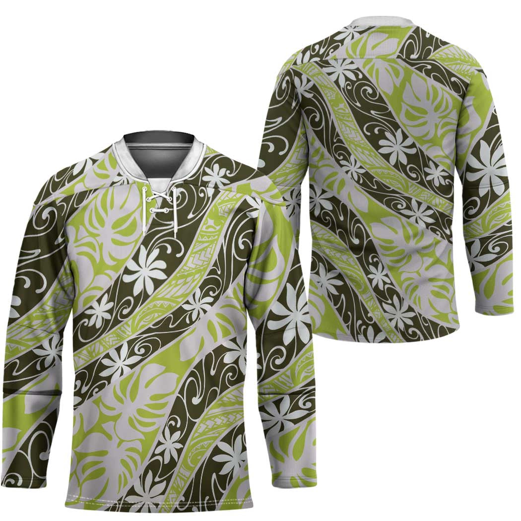 Olive Tahiti Tiare Monstera Hockey Jersey Polynesian Pattern Curve Style LT01 - Polynesian Pride