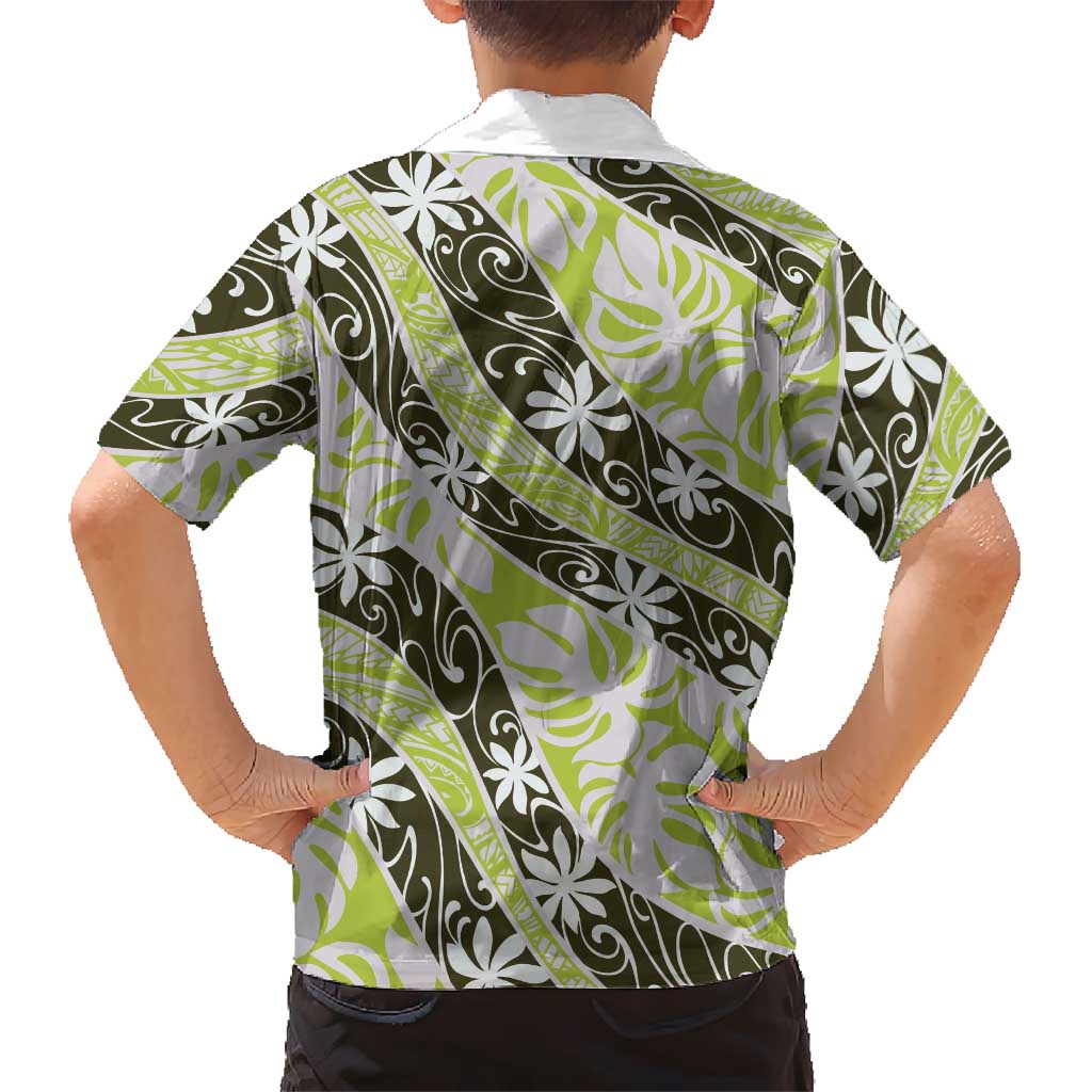 Olive Tahiti Tiare Monstera Kid Hawaiian Shirt Polynesian Pattern Curve Style - Polynesian Pride