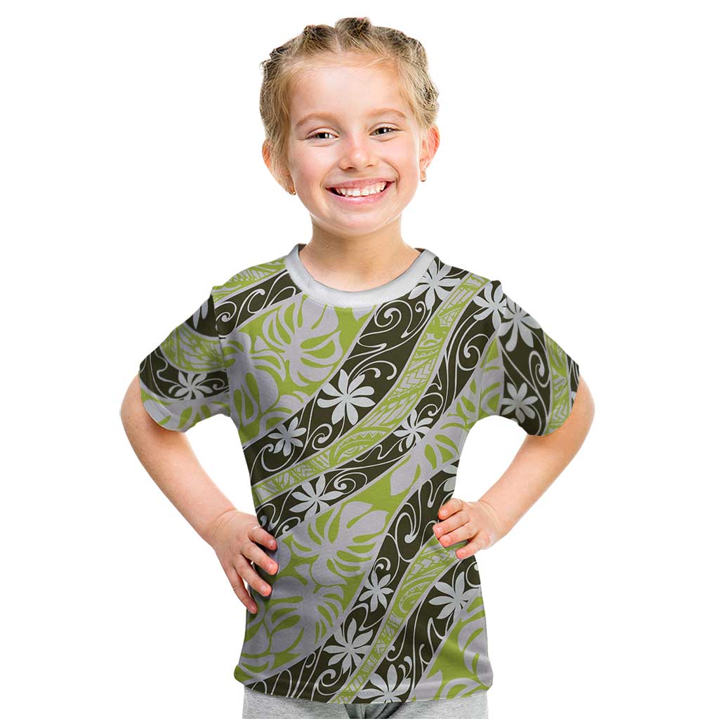 Olive Tahiti Tiare Monstera Kid T Shirt Polynesian Pattern Curve Style - Polynesian Pride