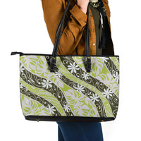 Olive Tahiti Tiare Monstera Leather Tote Bag Polynesian Pattern Curve Style - Polynesian Pride
