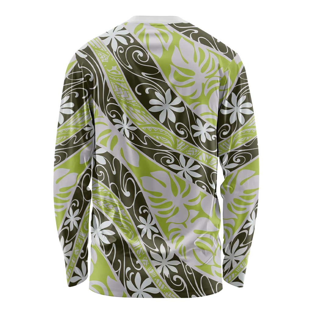 Olive Tahiti Tiare Monstera Long Sleeve Shirt Polynesian Pattern Curve Style LT01 - Polynesian Pride