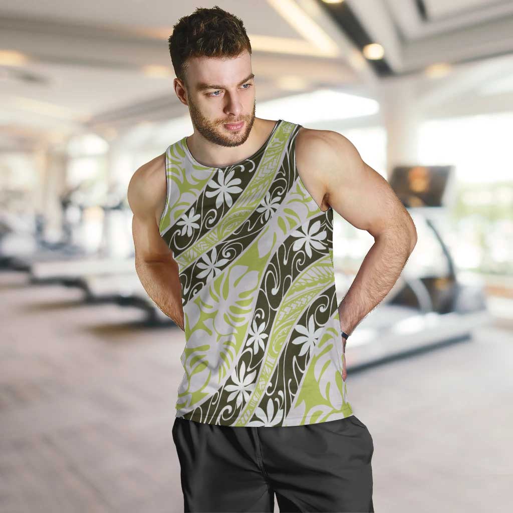 Olive Tahiti Tiare Monstera Men Tank Top Polynesian Pattern Curve Style LT01 Olive - Polynesian Pride