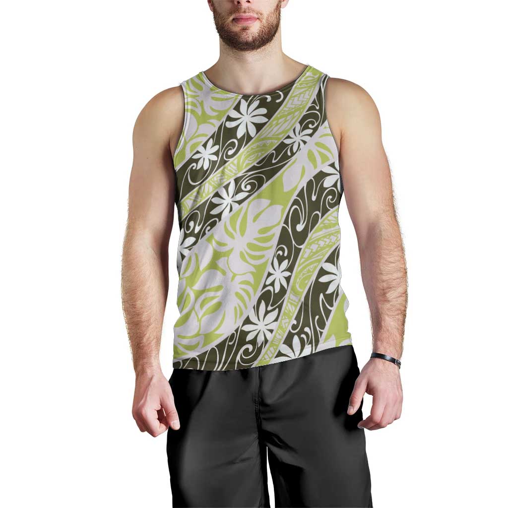 Olive Tahiti Tiare Monstera Men Tank Top Polynesian Pattern Curve Style LT01 - Polynesian Pride
