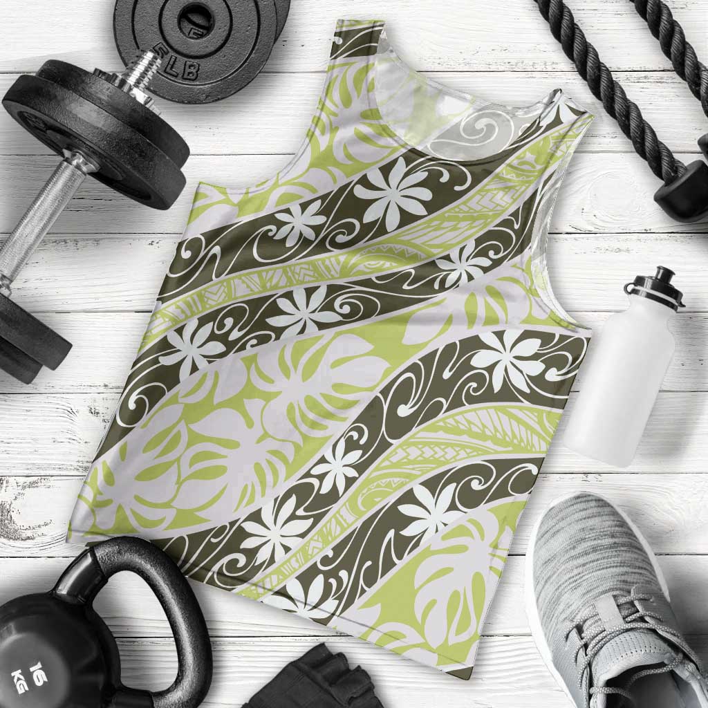 Olive Tahiti Tiare Monstera Men Tank Top Polynesian Pattern Curve Style LT01 - Polynesian Pride
