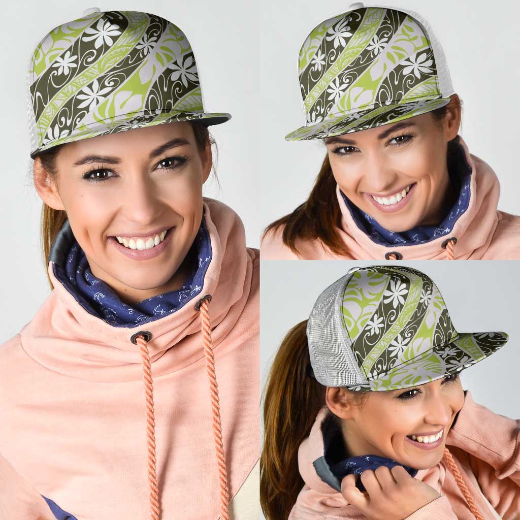 Olive Tahiti Tiare Monstera Mesh Trucker Cap Polynesian Pattern Curve Style - Polynesian Pride