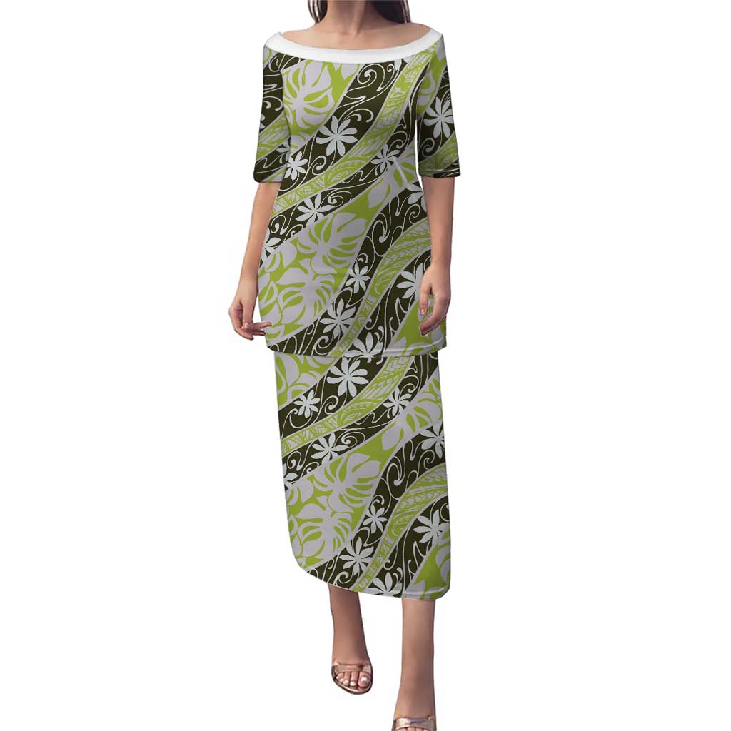 Olive Tahiti Tiare Monstera Puletasi Polynesian Pattern Curve Style - Polynesian Pride