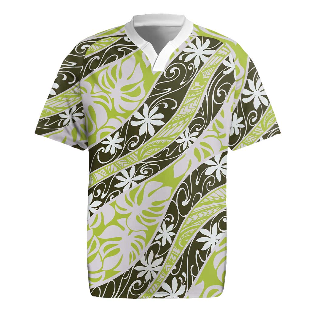 Olive Tahiti Tiare Monstera Rugby Jersey Polynesian Pattern Curve Style - Polynesian Pride