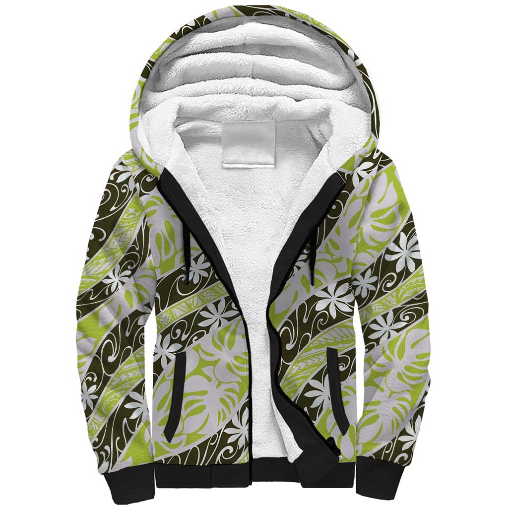 Olive Tahiti Tiare Monstera Sherpa Hoodie Polynesian Pattern Curve Style LT01 Unisex Olive - Polynesian Pride