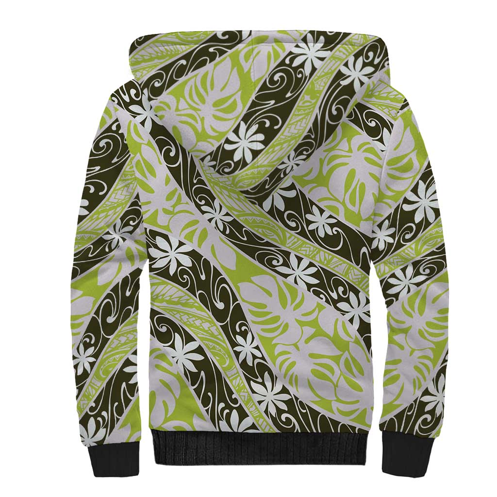 Olive Tahiti Tiare Monstera Sherpa Hoodie Polynesian Pattern Curve Style LT01 - Polynesian Pride