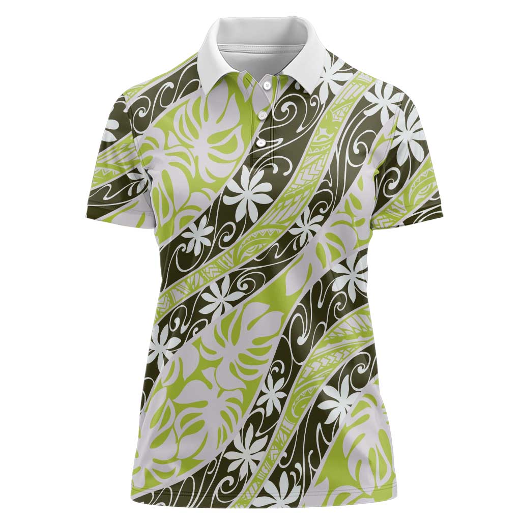 Olive Tahiti Tiare Monstera Women Polo Shirt Polynesian Pattern Curve Style - Polynesian Pride