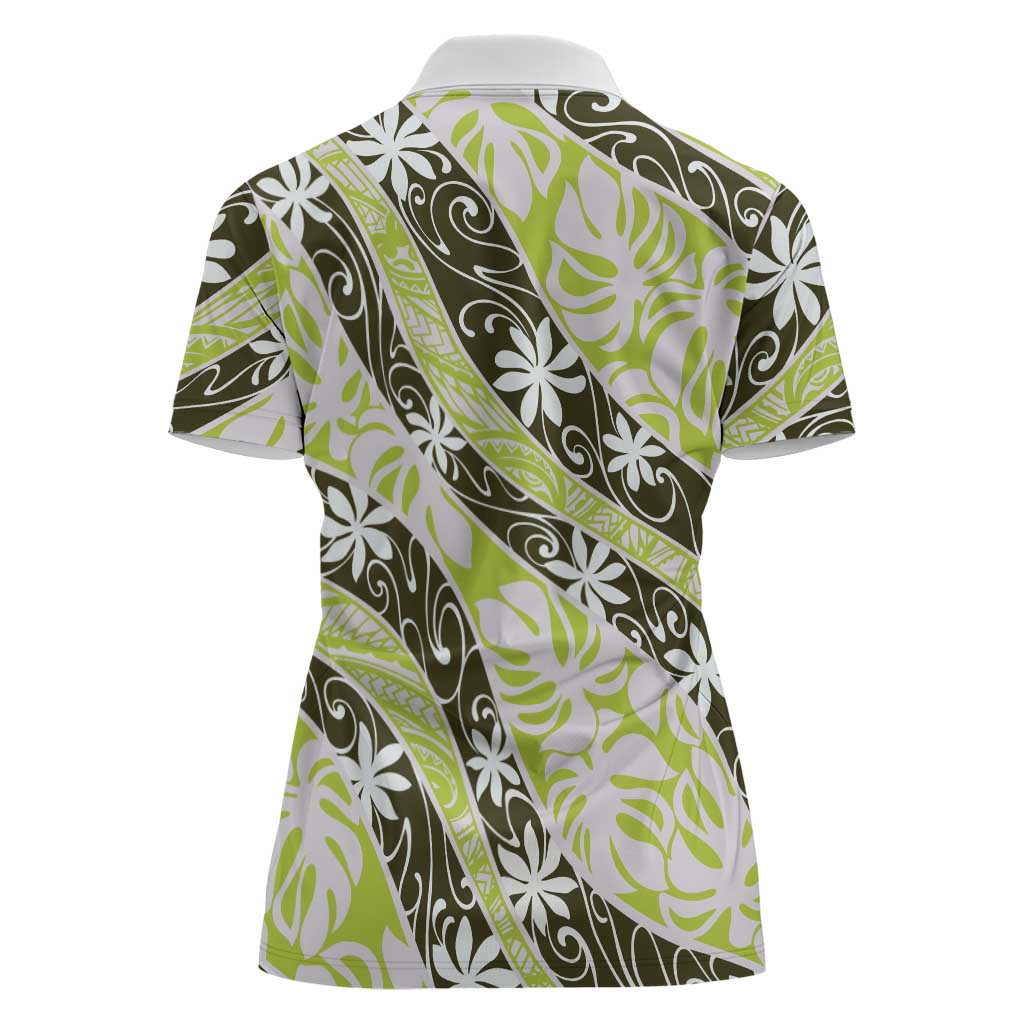 Olive Tahiti Tiare Monstera Women Polo Shirt Polynesian Pattern Curve Style - Polynesian Pride