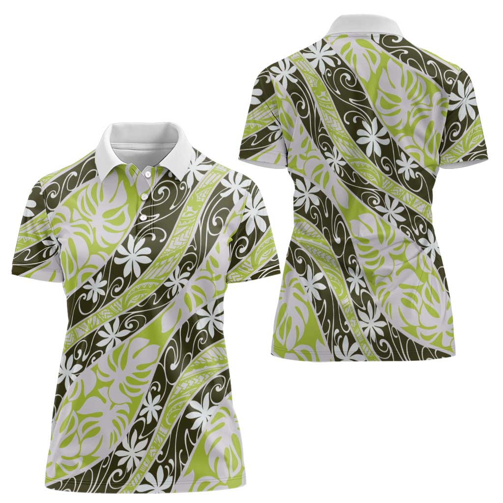 Olive Tahiti Tiare Monstera Women Polo Shirt Polynesian Pattern Curve Style - Polynesian Pride