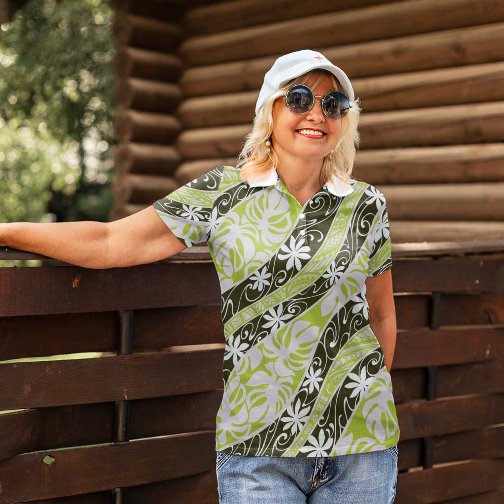 Olive Tahiti Tiare Monstera Women Polo Shirt Polynesian Pattern Curve Style - Polynesian Pride